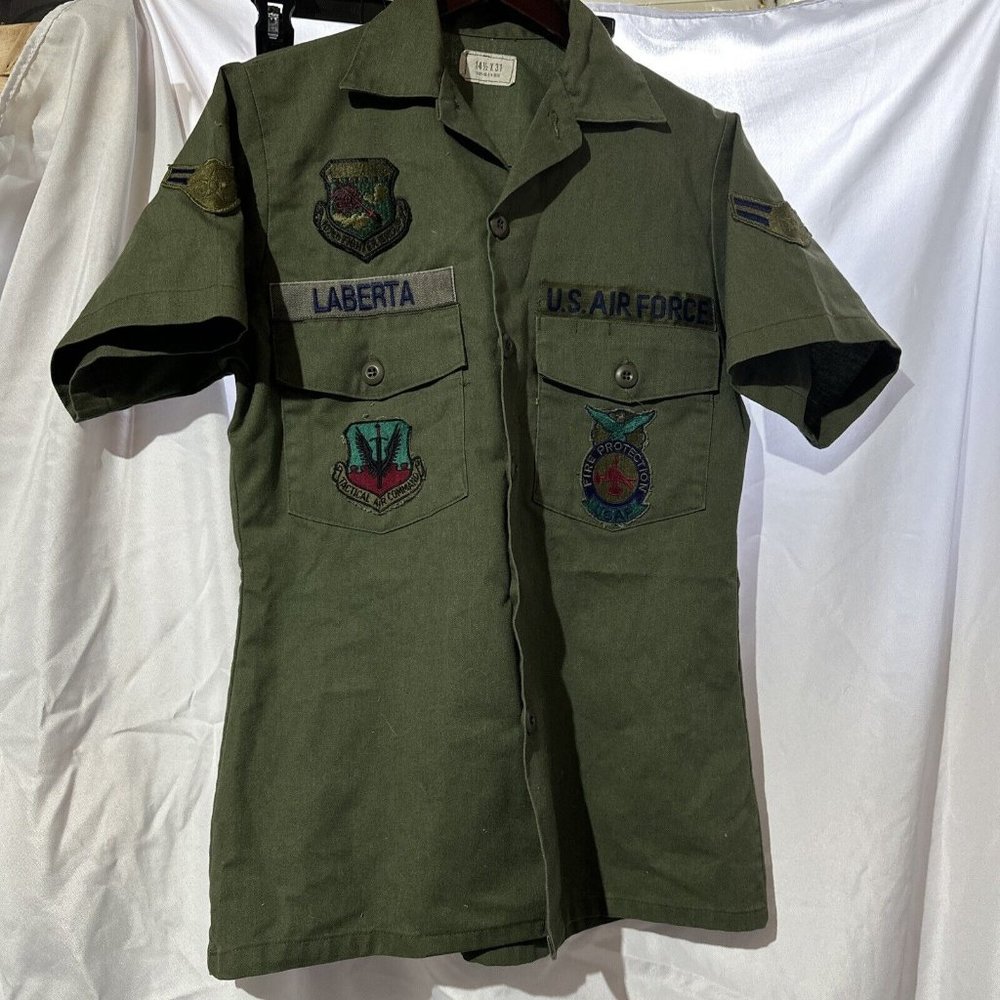 VTG US Air Force OG-507 Shirt Men 14.5x31 Green 80s Utility Shirt 107th Fighter